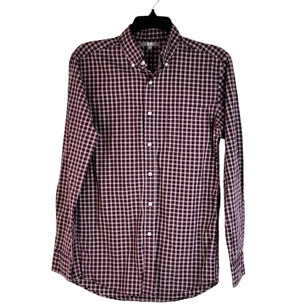 UNIQLO MEN'S L/S BUTTON UP  PLAID SHIRT PURPLE PLAID COTTON SIZE XS LIGHT WEIGHT